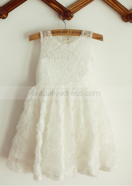 Ivory Lace Rosette Knee Length Flower Girl Dress